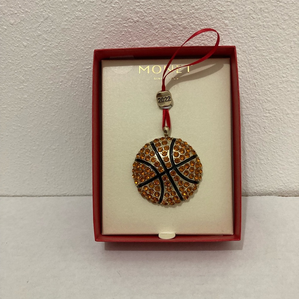 Monet 2022 Silvertone and Rhinestone Orange/Black Basketball Christmas Ornament